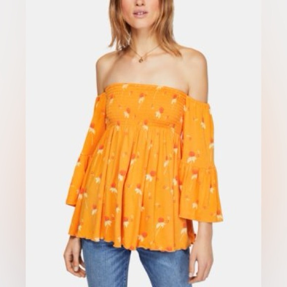 Free People Lana Floral Off-Shoulder Top in Orange Medium - Picture 2 of 11
